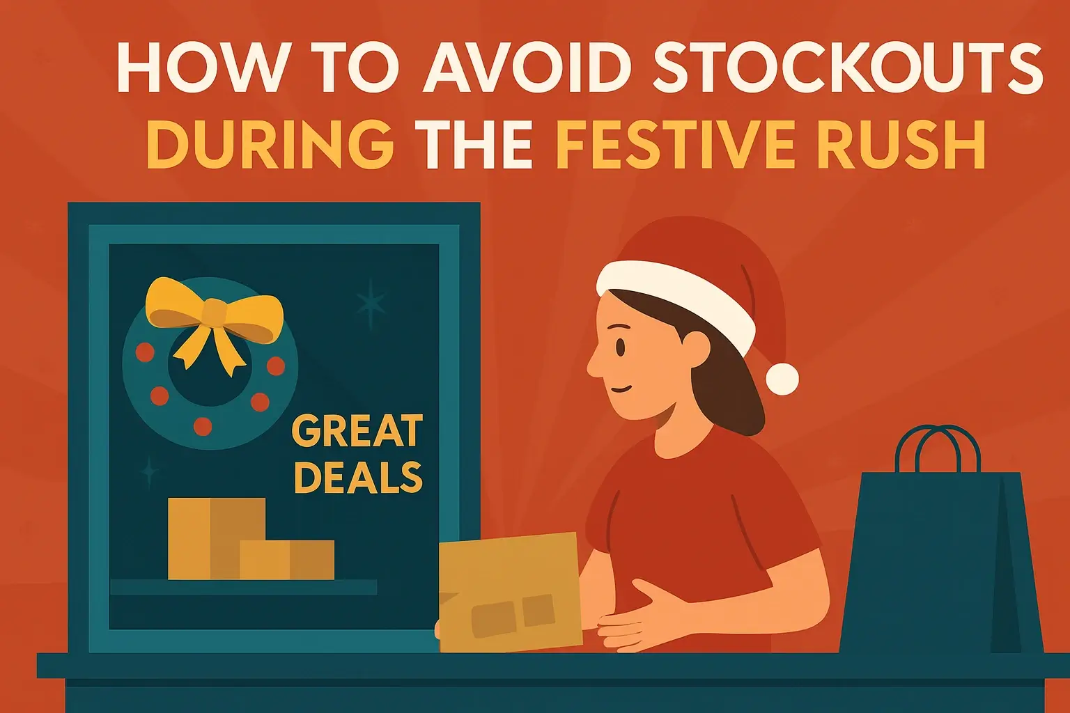 Promotional Christmas window display with festive decor and retail signage showing seasonal offers