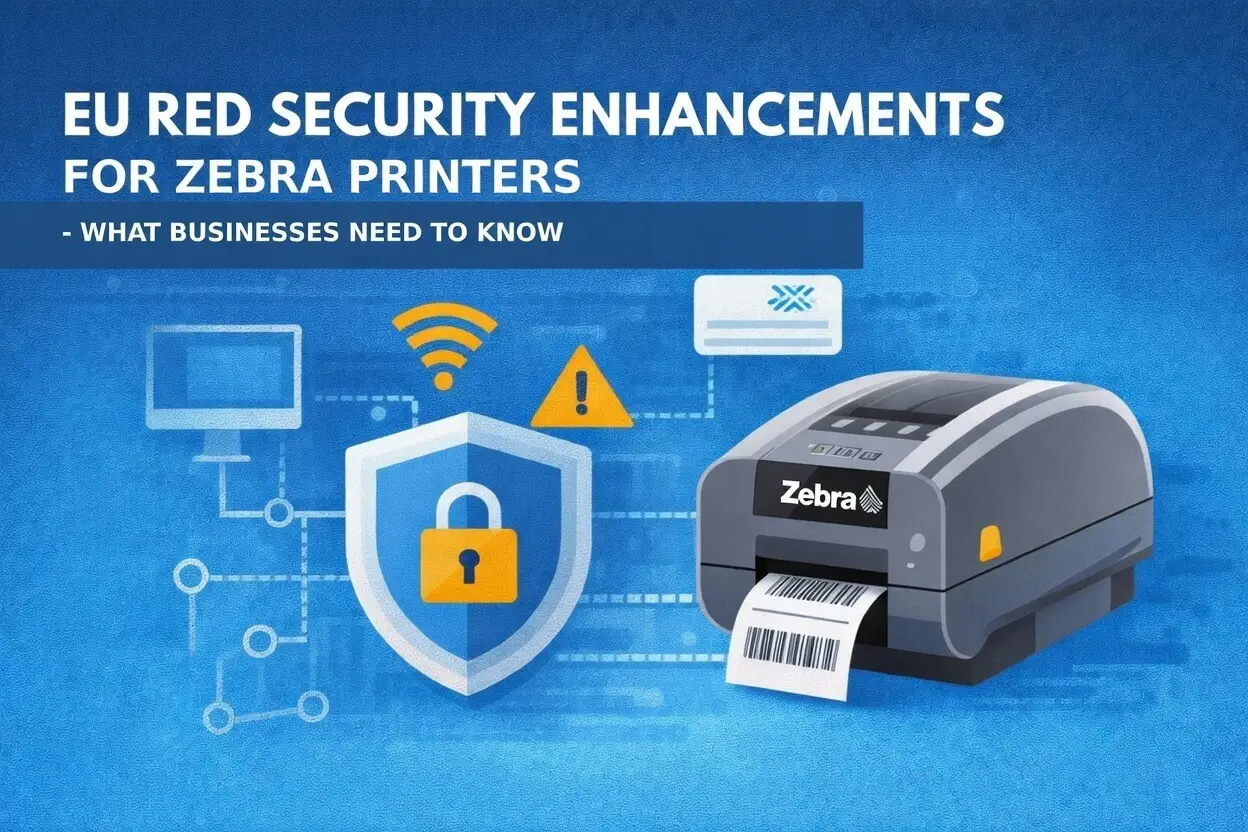 Zebra label printer with security shield and WiFi icon representing EU RED cybersecurity enhancements for retail businesses