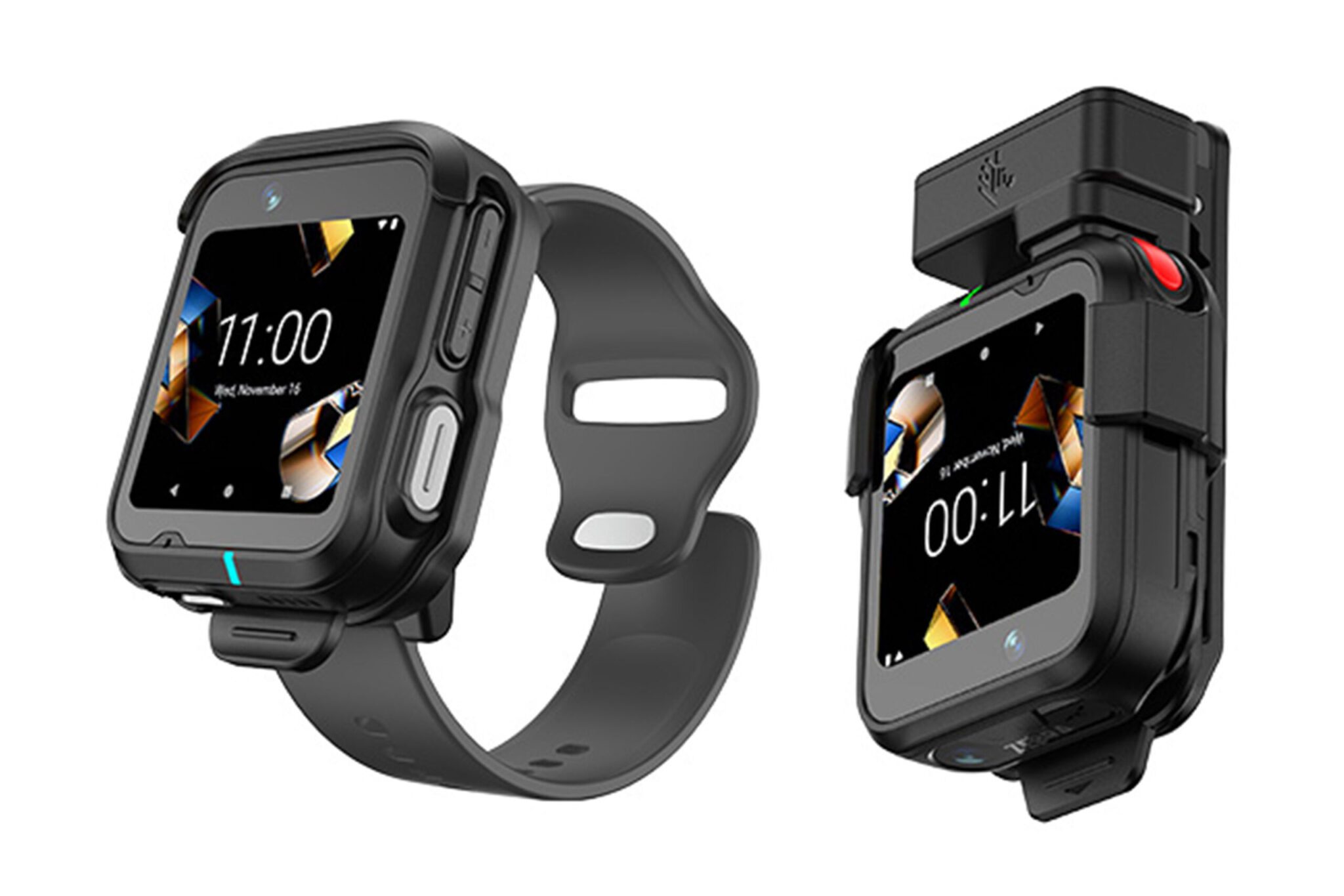 Zebra WS301 wearable mobile computer shown with clip and arm mounting options