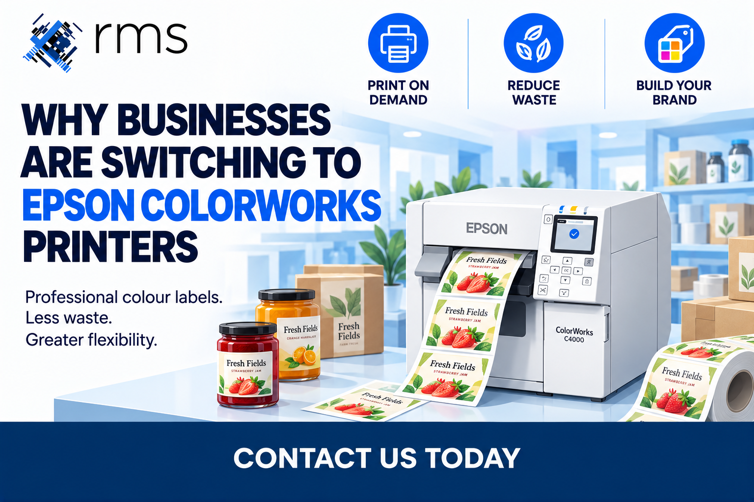 RMS guide to Epson ColorWorks printers, illustrated with a C4000 printing colour product labels on demand.